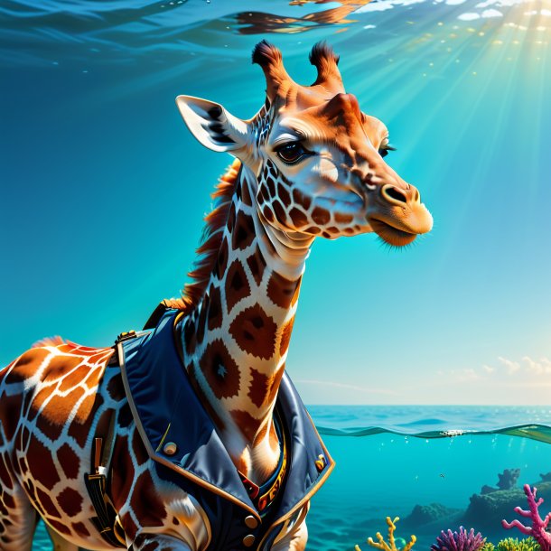 Ilustração de uma girafa em um colete no mar