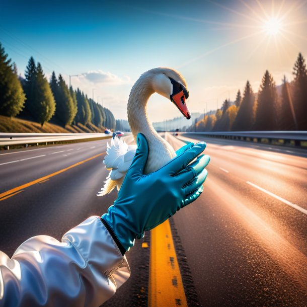 Foto de un cisne en guantes en la carretera