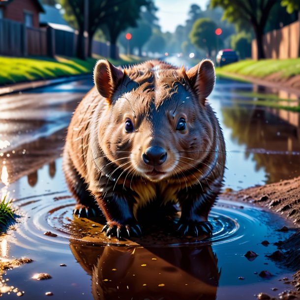 Foto de un wombat en guantes en el charco