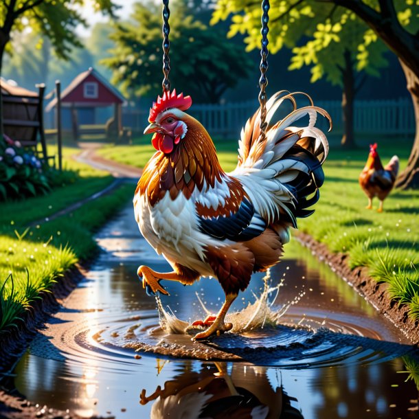 Photo of a swinging on a swing of a hen in the puddle