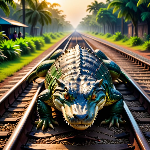 Image of a waiting of a crocodile on the railway tracks