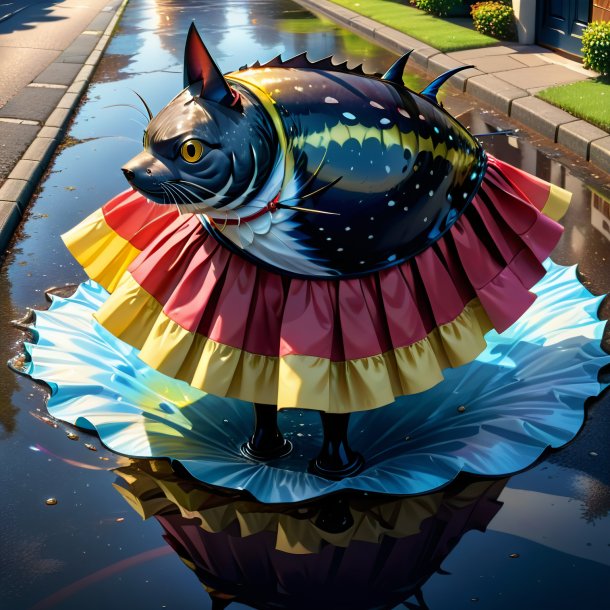 Illustration of a tuna in a skirt in the puddle