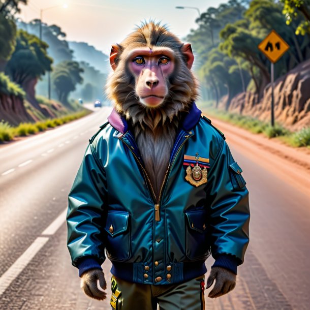 Pic of a baboon in a jacket on the road