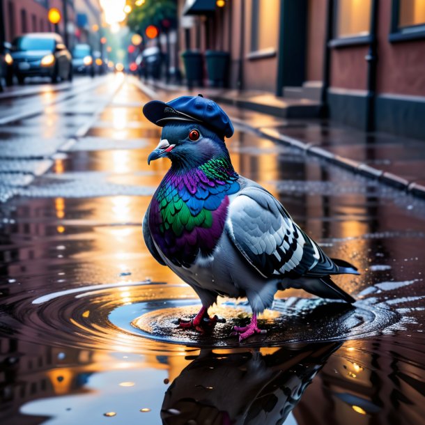 Foto de um pombo em uma tampa na poça