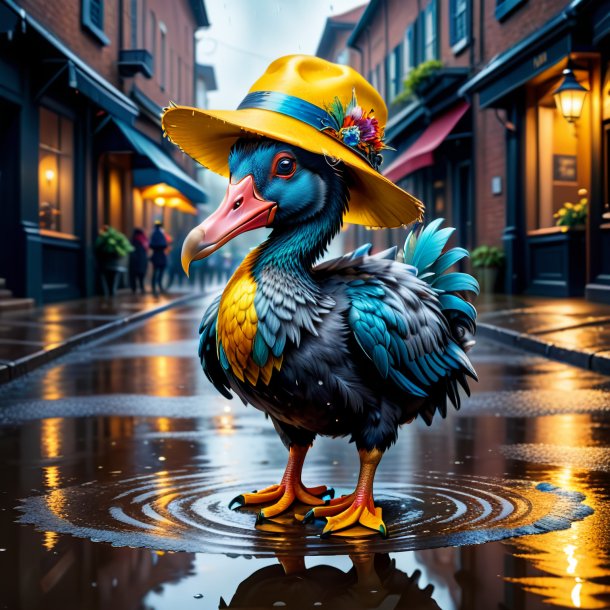 Drawing of a dodo in a hat in the puddle