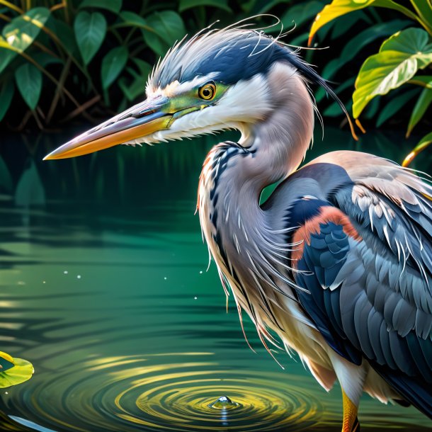 Dessin d'un héron dans un chapeau dans l'eau