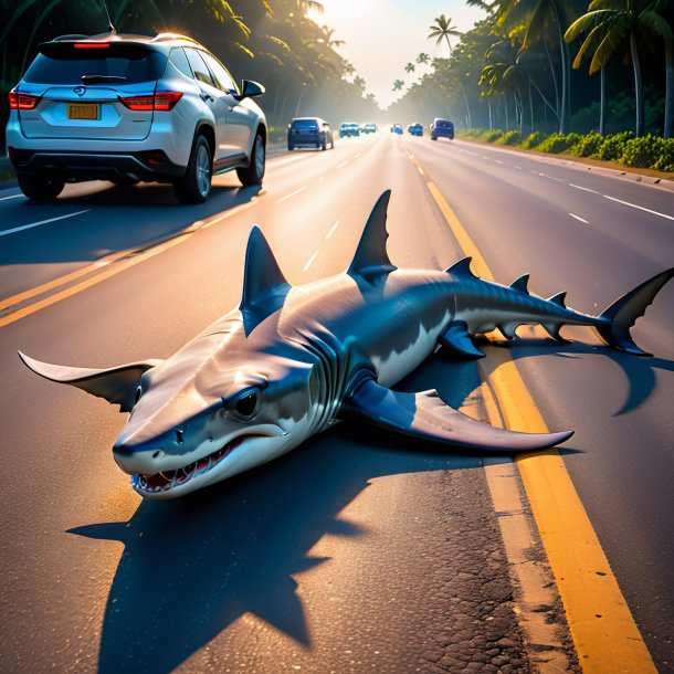 Photo of a sleeping of a hammerhead shark on the road