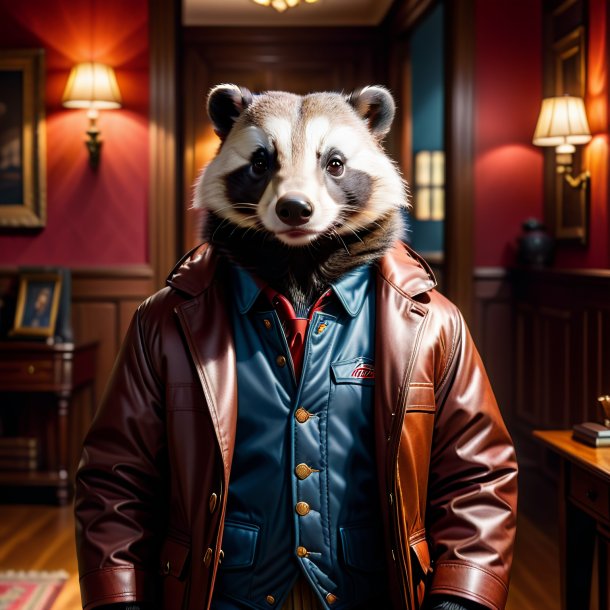 Photo of a badger in a jacket in the house