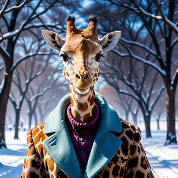 Photo of a giraffe in a coat in the snow