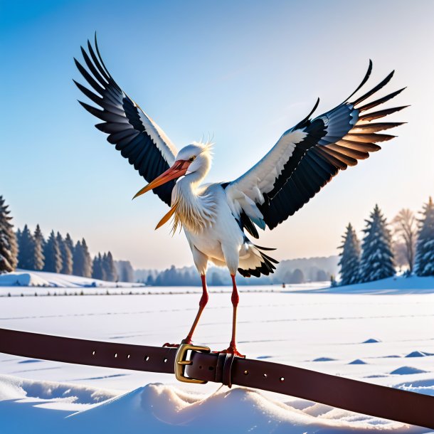 Photo of a stork in a belt in the snow