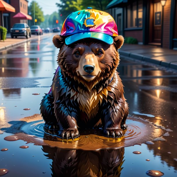 Drawing of a bear in a cap in the puddle