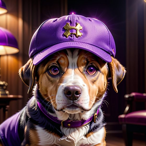 Foto de un perro en una gorra púrpura