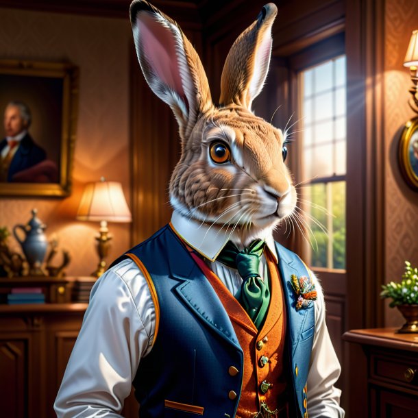 Illustration of a hare in a vest in the house