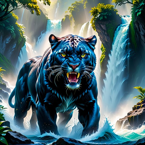 Picture of a threatening of a panther in the waterfall