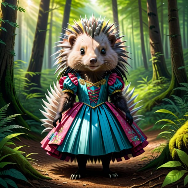 Drawing of a porcupine in a dress in the forest