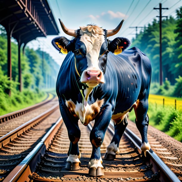 Photo of a cow in a jeans on the railway tracks