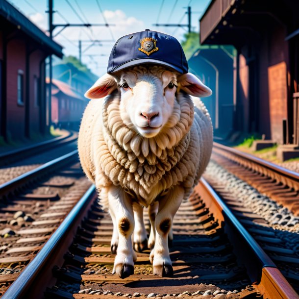 Photo of a sheep in a cap on the railway tracks