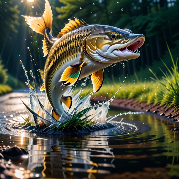 Image of a jumping of a pike in the puddle