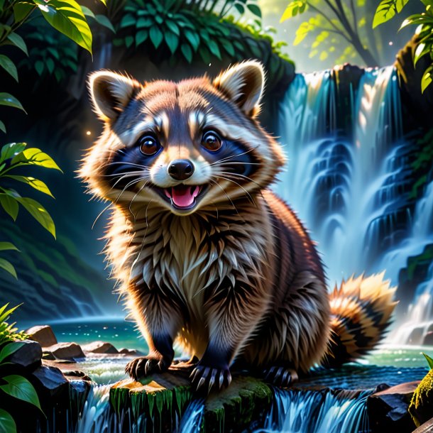 Pic of a smiling of a raccoon in the waterfall