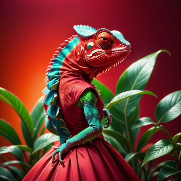 Pic d'un caméléon dans une robe rouge