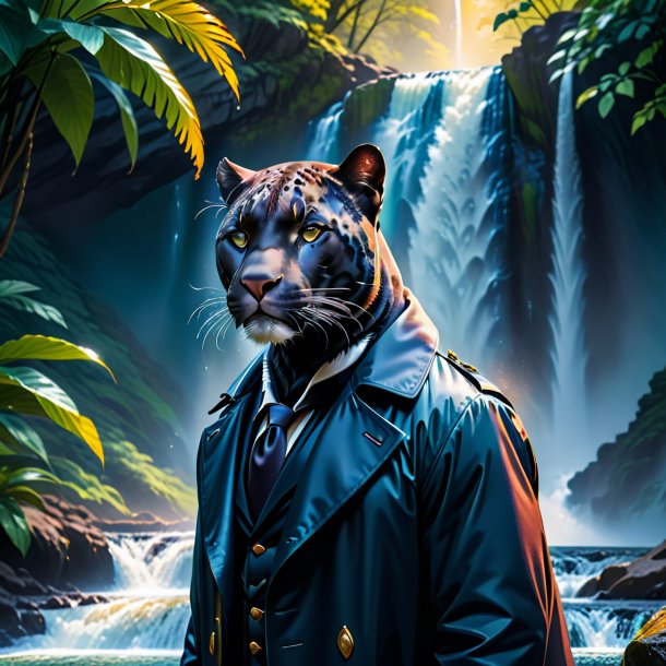 Picture of a panther in a coat in the waterfall