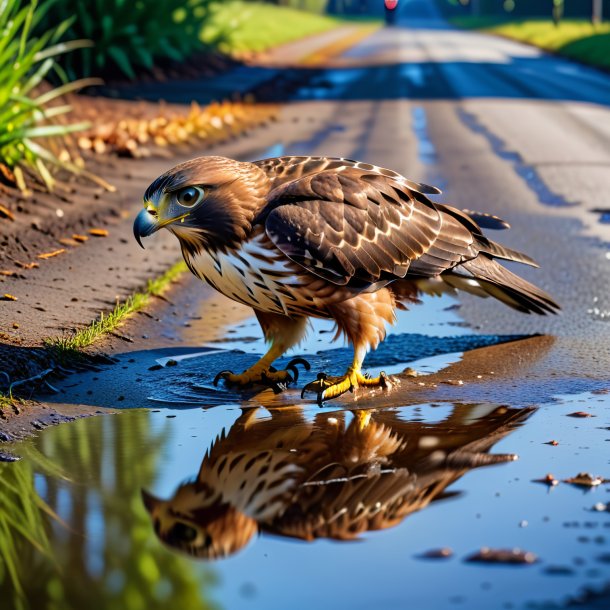 Photo of a resting of a hawk in the puddle