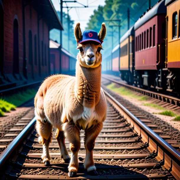 Foto de uma lhama em um boné nos trilhos ferroviários