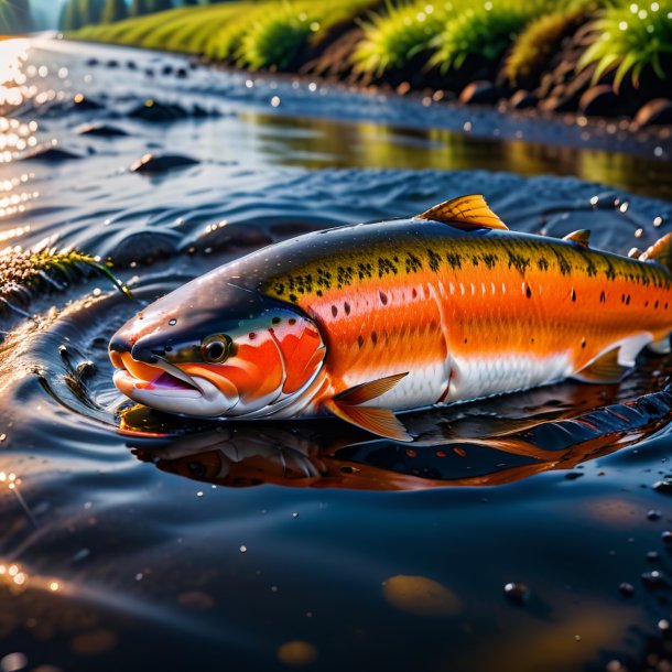 Photo of a salmon in a belt in the puddle