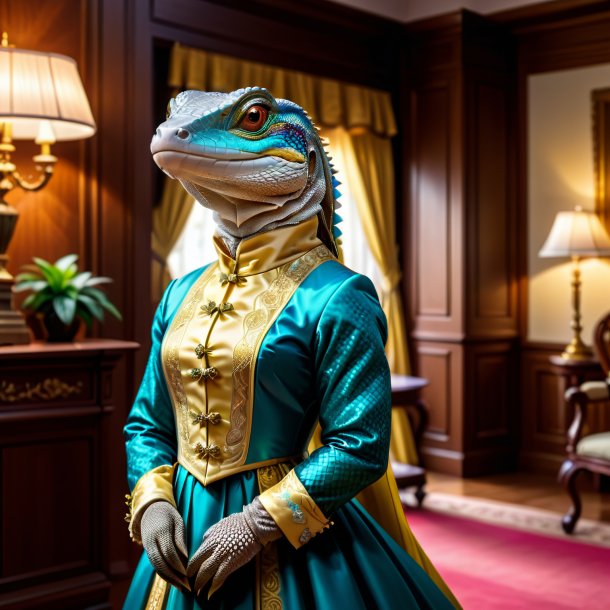 Picture of a monitor lizard in a dress in the house