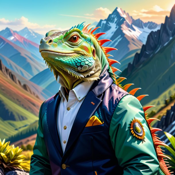 Illustration of a iguana in a jacket in the mountains