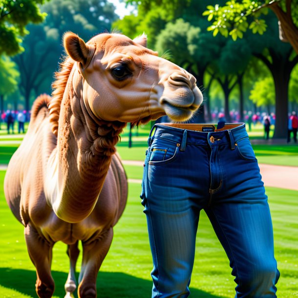 Foto de un camello en un jeans en el parque