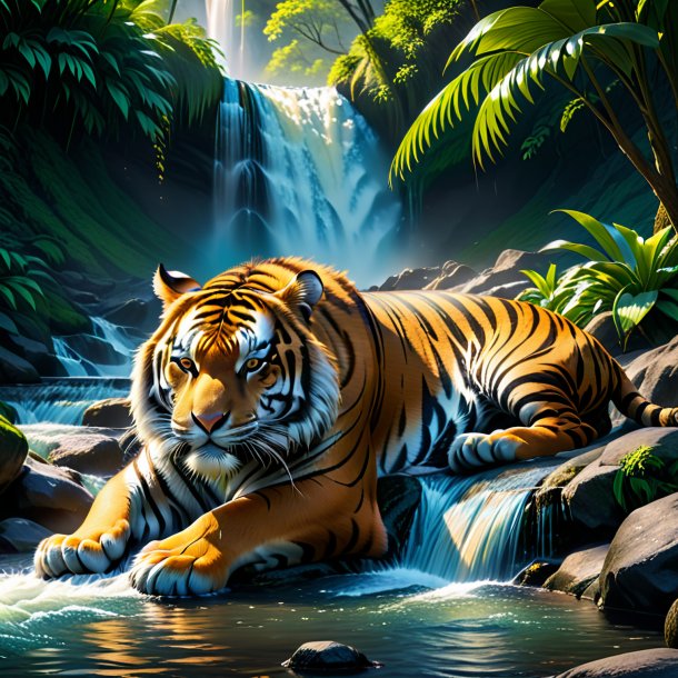 Photo of a sleeping of a tiger in the waterfall