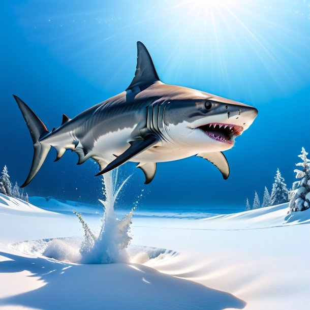 Picture of a jumping of a hammerhead shark in the snow