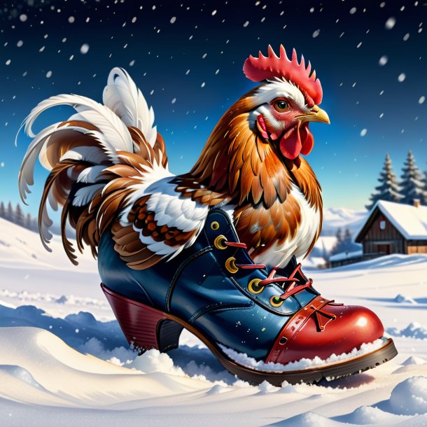 Dessin d'une poule dans une chaussure dans la neige