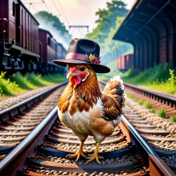 Picture of a hen in a hat on the railway tracks