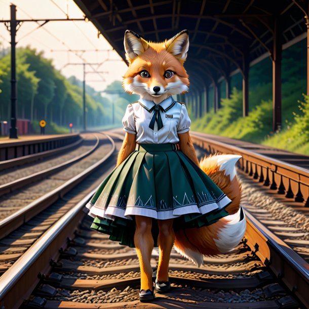 Drawing of a fox in a skirt on the railway tracks