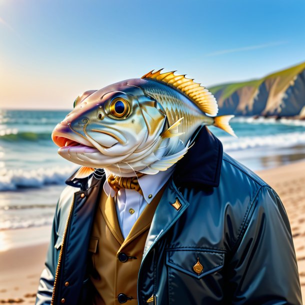 Picture of a haddock in a jacket on the beach