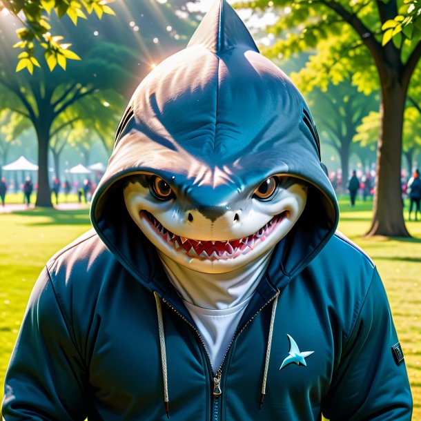 Foto de um tubarão em um hoodie no parque