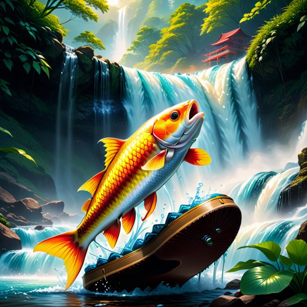 Illustration of a carp in a shoes in the waterfall