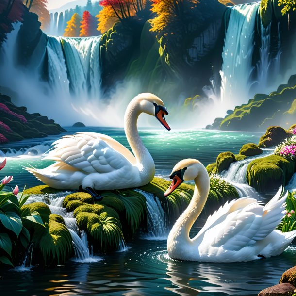 Image d'un repas d'un cygne dans la cascade