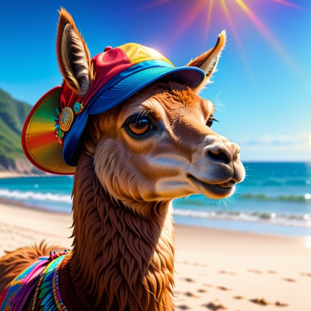 Dessin d'un lama dans une casquette sur la plage