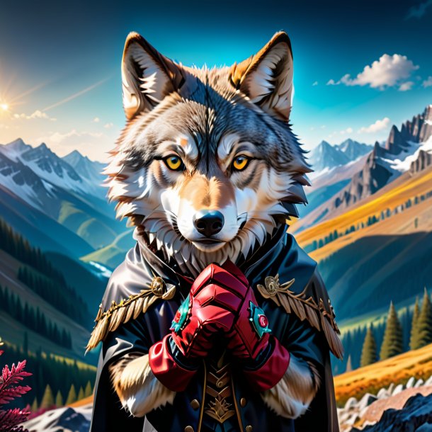 Image of a wolf in a gloves in the mountains