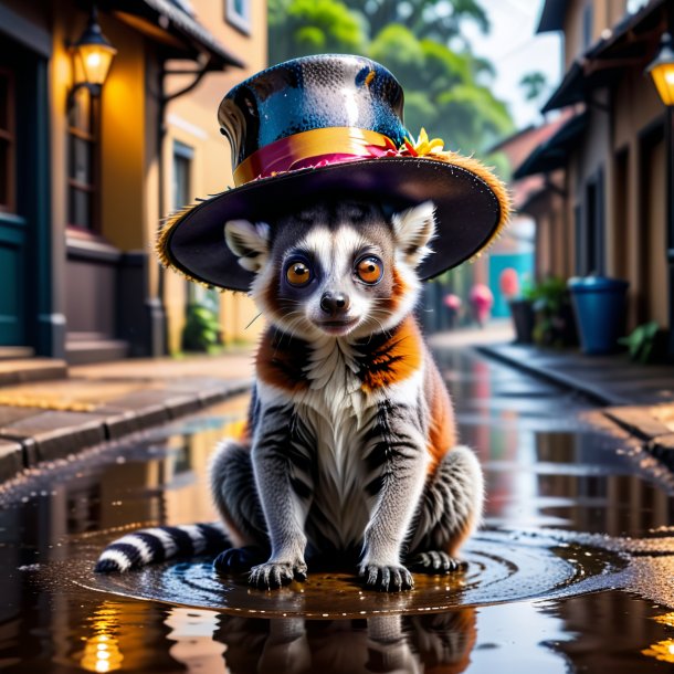 Photo of a lemur in a hat in the puddle