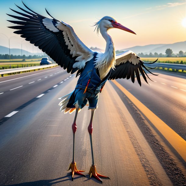 Pic d'une cigogne dans un jean sur l'autoroute