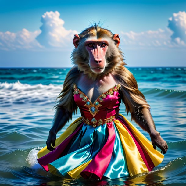 Photo of a baboon in a dress in the sea