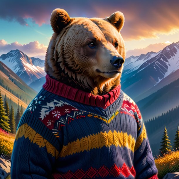 Pic of a bear in a sweater in the mountains