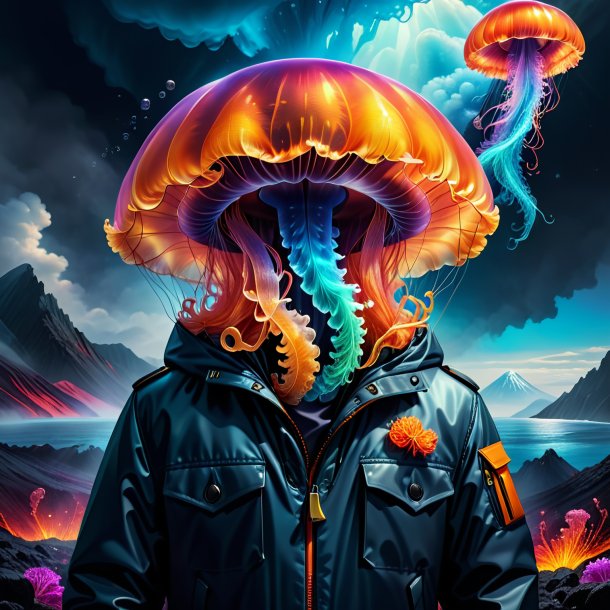 Drawing of a jellyfish in a jacket in the volcano