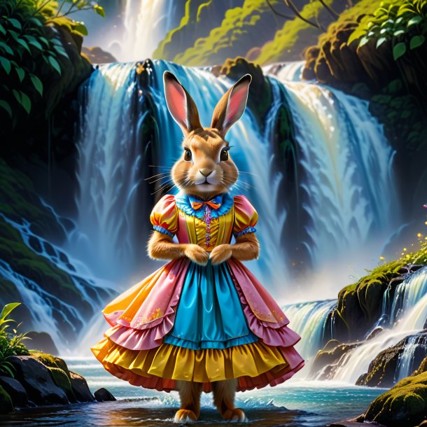 Picture of a hare in a dress in the waterfall