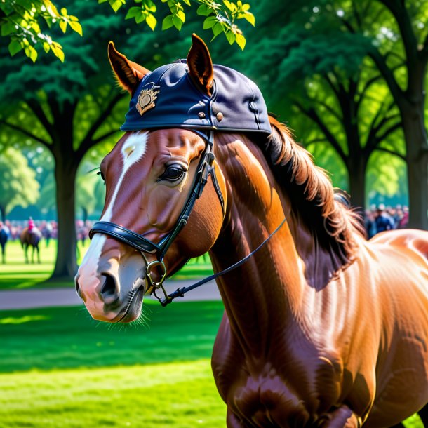 Pic of a horse in a cap in the park