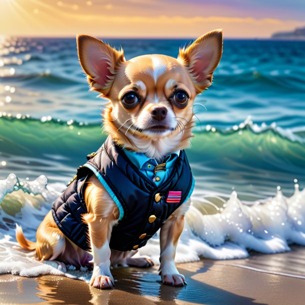 Imagen de un chihuahua en un chaleco en el mar